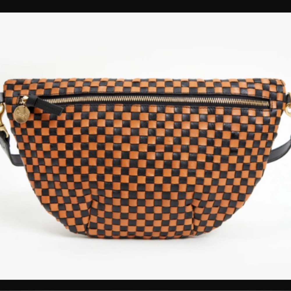Clare V Grande Fanny in natural and black woven checker
